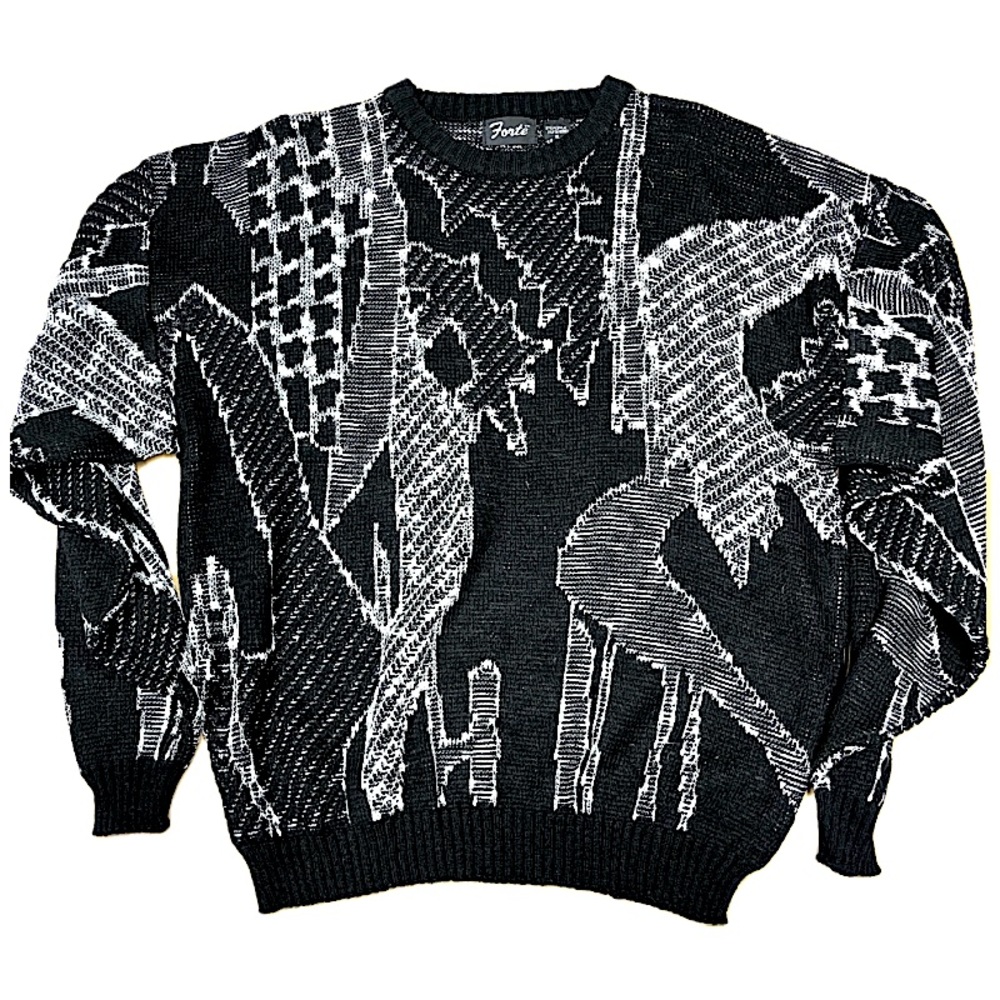 Retro Mens Crewneck Sweater - Black/White Patterns - X-Large - Acrylic/Poly